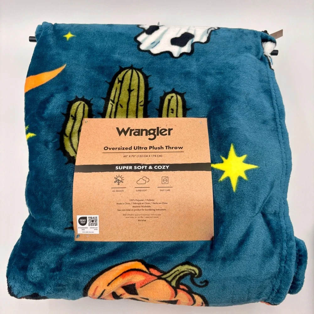 Wrangler Oversized Ultra Plush Throw Halloween Ghost Cactus Teal 60x70 Blanket